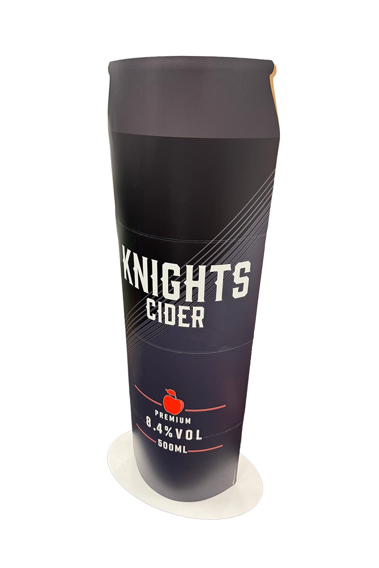 A card retail display totem created in the shape of a knights cider can