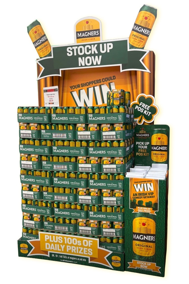 A large and tall pallet display for wholesale premises for Magners Cider. Display also includes a dumpbin by the side