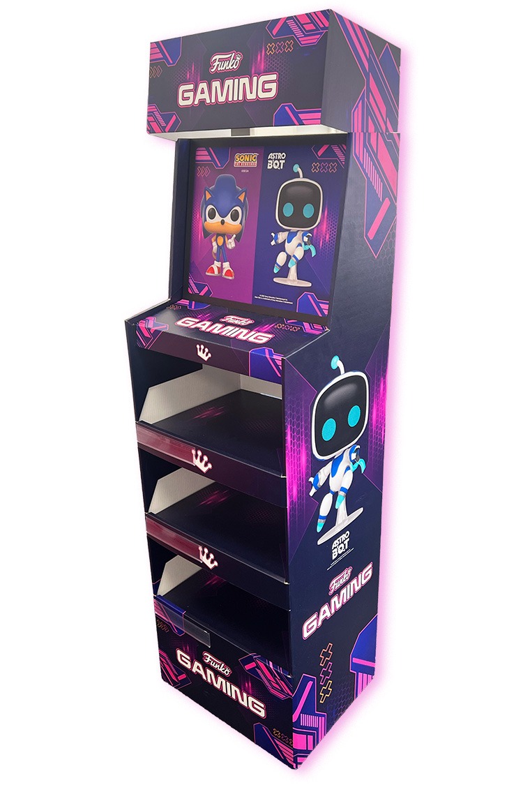 A cardboard retail display for Funko in the shape of an arcade machine featuring Sonic the Hedgehog Hedgehog